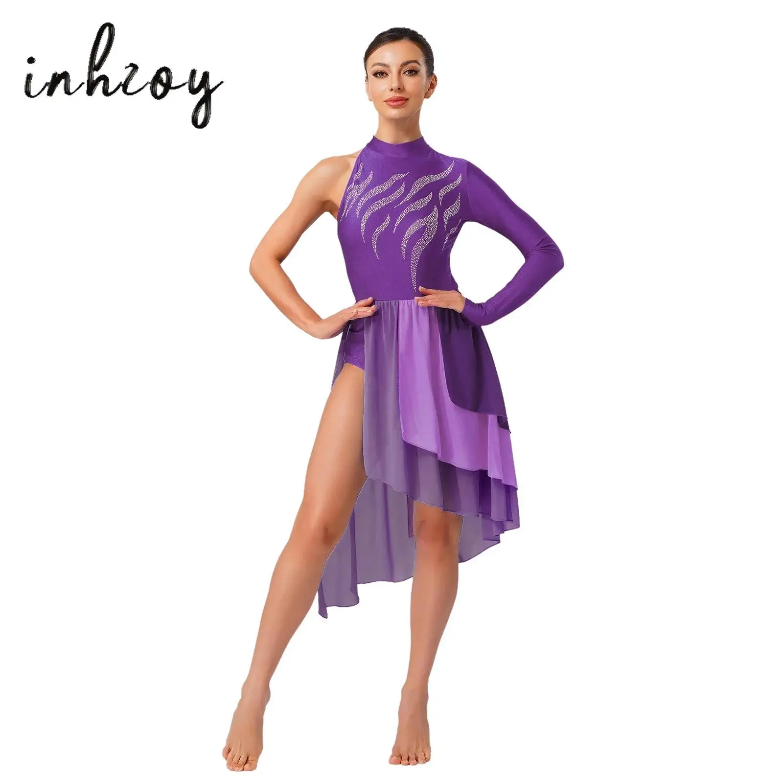 

Women Modern Lyrical Dance Dress One Shoulder Mock Neck Cutout Back Color Block Split Asymmetrical Hem Dress Competition Costume