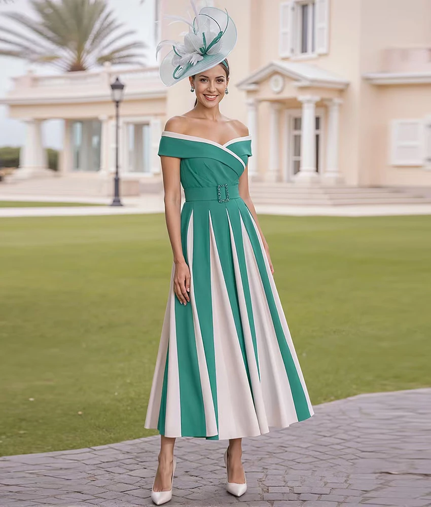 

Customized High Quality Jersey A-Line Off the Shoulder Crystal Belt Evening Dress Delicate V-Neck Ankle Length prom dresses
