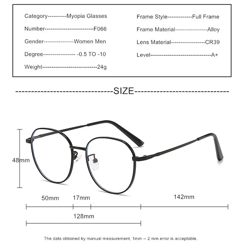 Prescription Custom Myopia Spectacles -0.5 To -10  Men Women Metal Frame Glasses Photochromic Or Blue Light Blocking Lenses F066