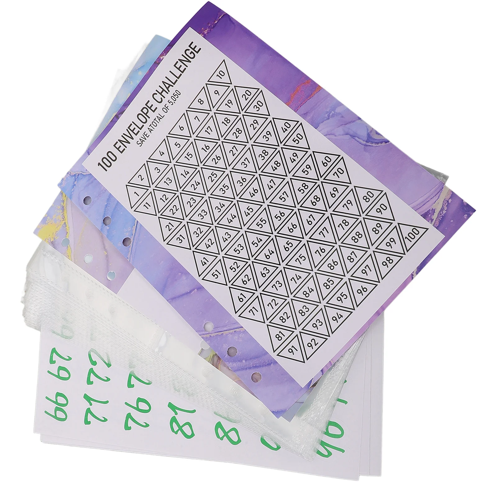 

1 Set Marble-Themed Cash Saving Planner Inner Cores 100-Day Challenge Money Binder Refills Four-Grid Card Films Number Stickers