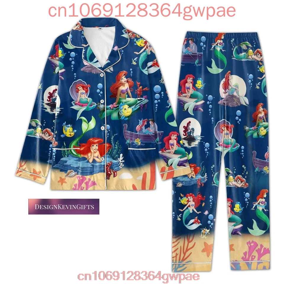 The Little Mermaid Ariel Princess Pajama Set Disney 3D Printed Casual Men\'s and Women\'s Long Sleeve Shirt Pajama Set