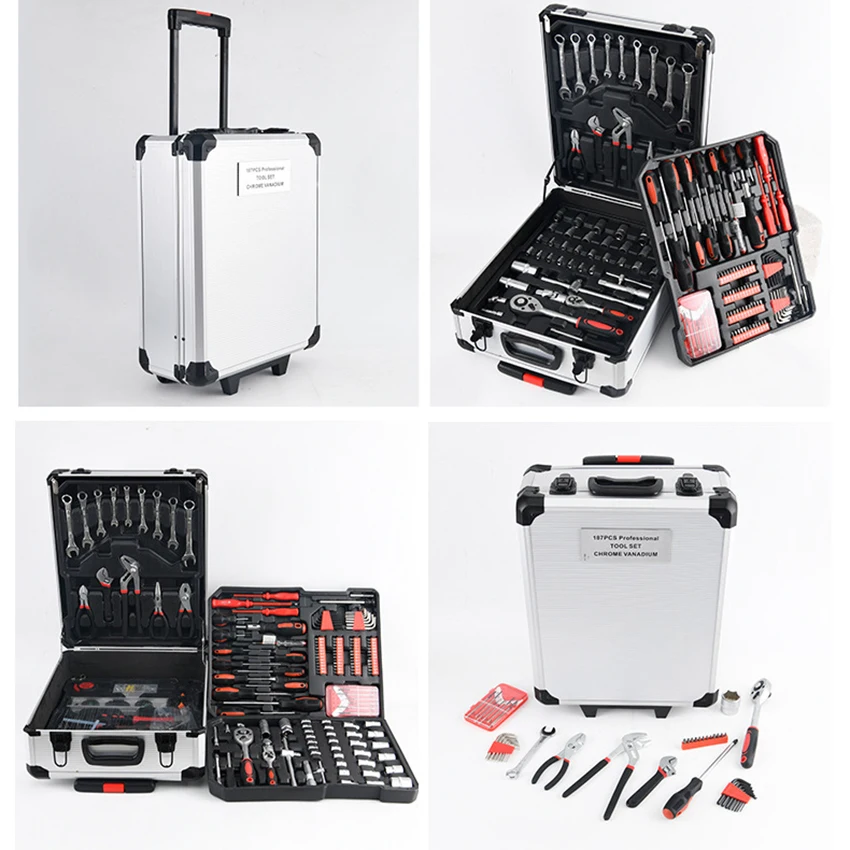 187PC Trolley Case Tool Set Aluminum alloy Hardware tool kit Household maintenance electrician vapor repair manual tool package