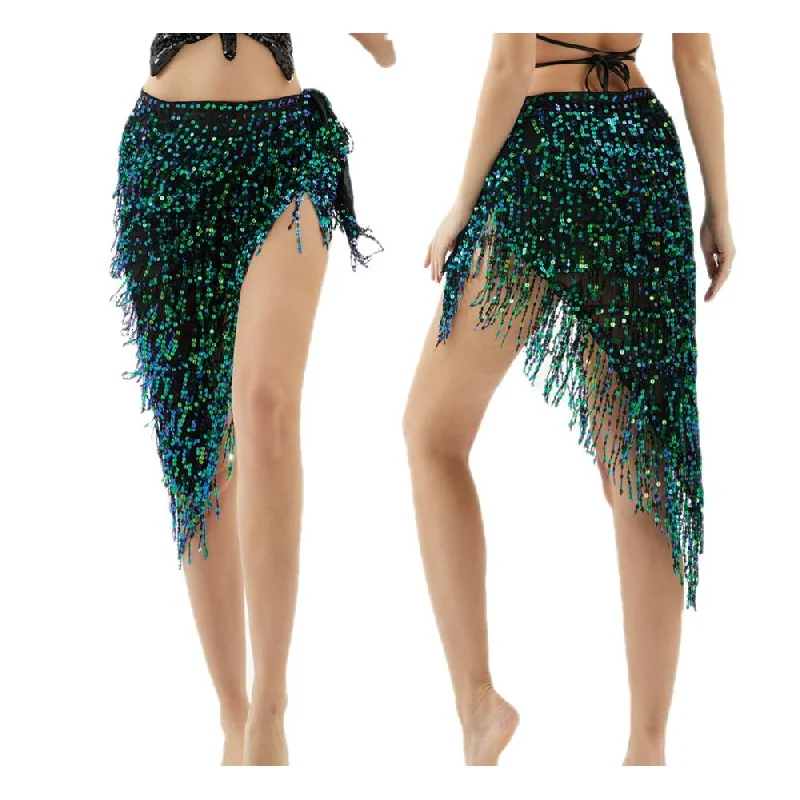 Womens Sequin Tassel Belly Dance Hip Scarf Triangle Skirt Carnival Party Stage Performance Rave Belt Waist Chain Wrap Costume