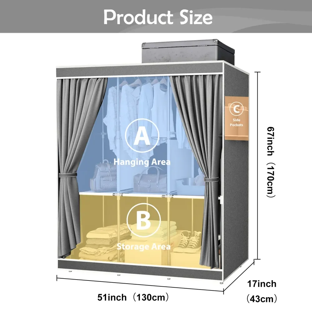 

Large Capacity Portable Wardrobe Closet, Easy Assembly Cloth Storage Cabinet For Home, Rental House, Dorm Bedroom, 65 Portable