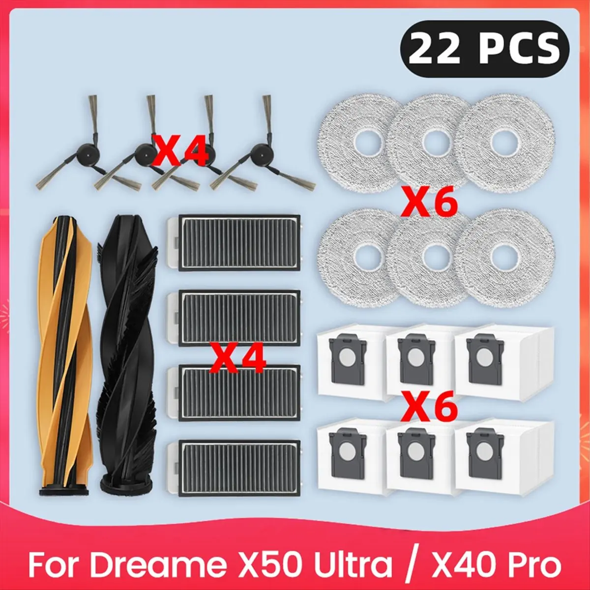 

Для X50 Ultra/X40 Pro улучшенные запасные части, роликовая боковая щетка, фильтр, швабра, тканевый мешок для пыли, аксессуары