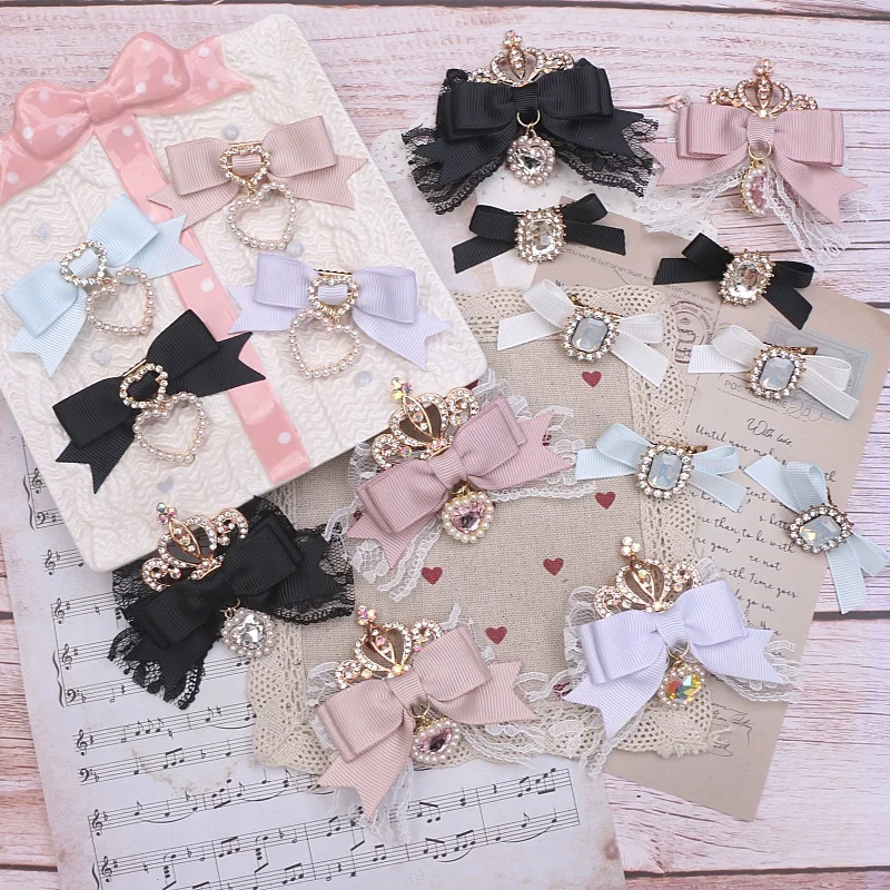 Kawaii Lo Bow Akcesoria do włosów Nakrycie głowy Dziewczyna Słodka urocza kokardka Korona Rhinestone Klips boczny Lolita Spinka do włosów Koronkowa szpilka do włosów