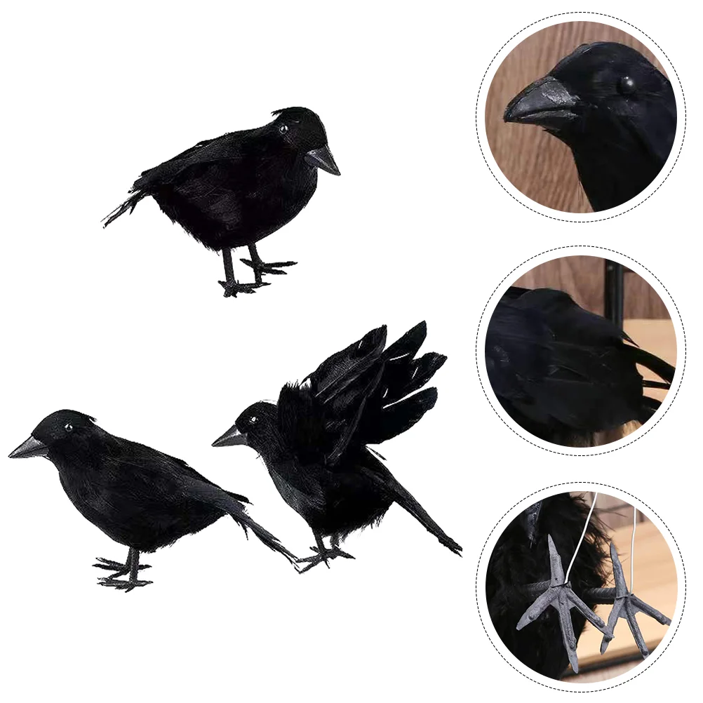 

3 Pcs Black Crow Crows Decorations Faux Halloween Prop Garden Decorate Realistic