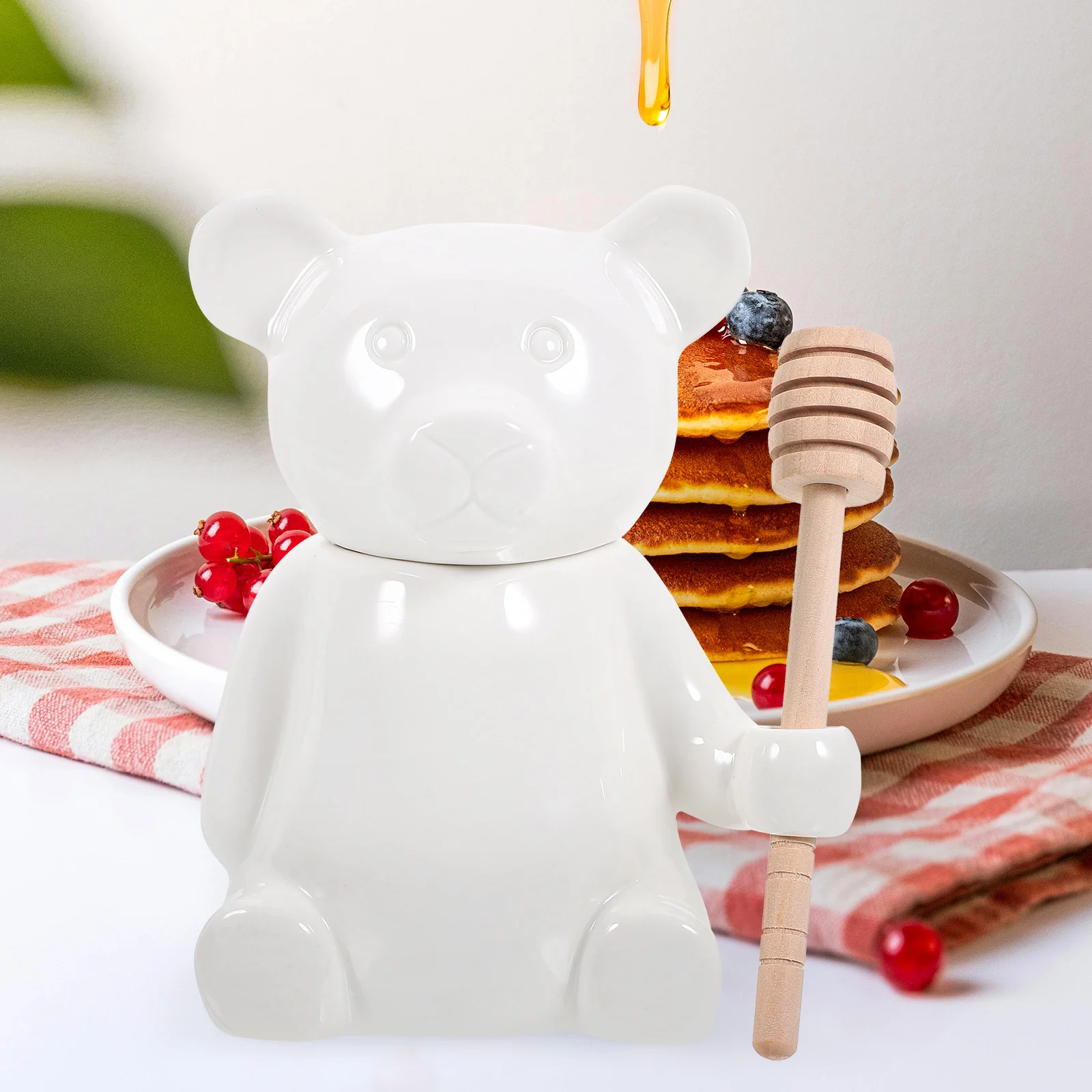 

1Set Ceramic Honey Jar Bear Shape with Wood Dipper Kitchen Storage Honey Container Syrup Container Ceramic Jar