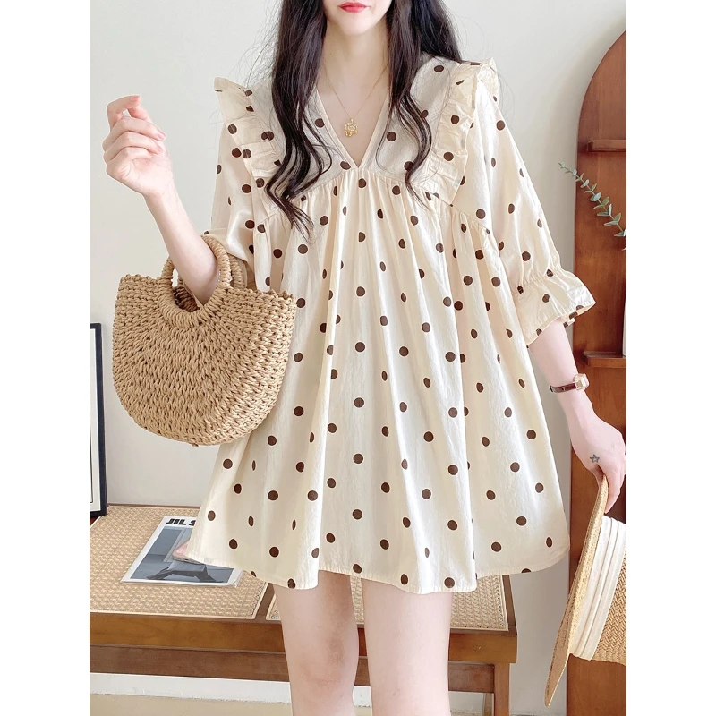 Korean Minimalist Commute Summer New Shirts V-neck Patchwork Polka Dot Printed Ruffles Mid-length Half Sleeve Women\'s Blouses