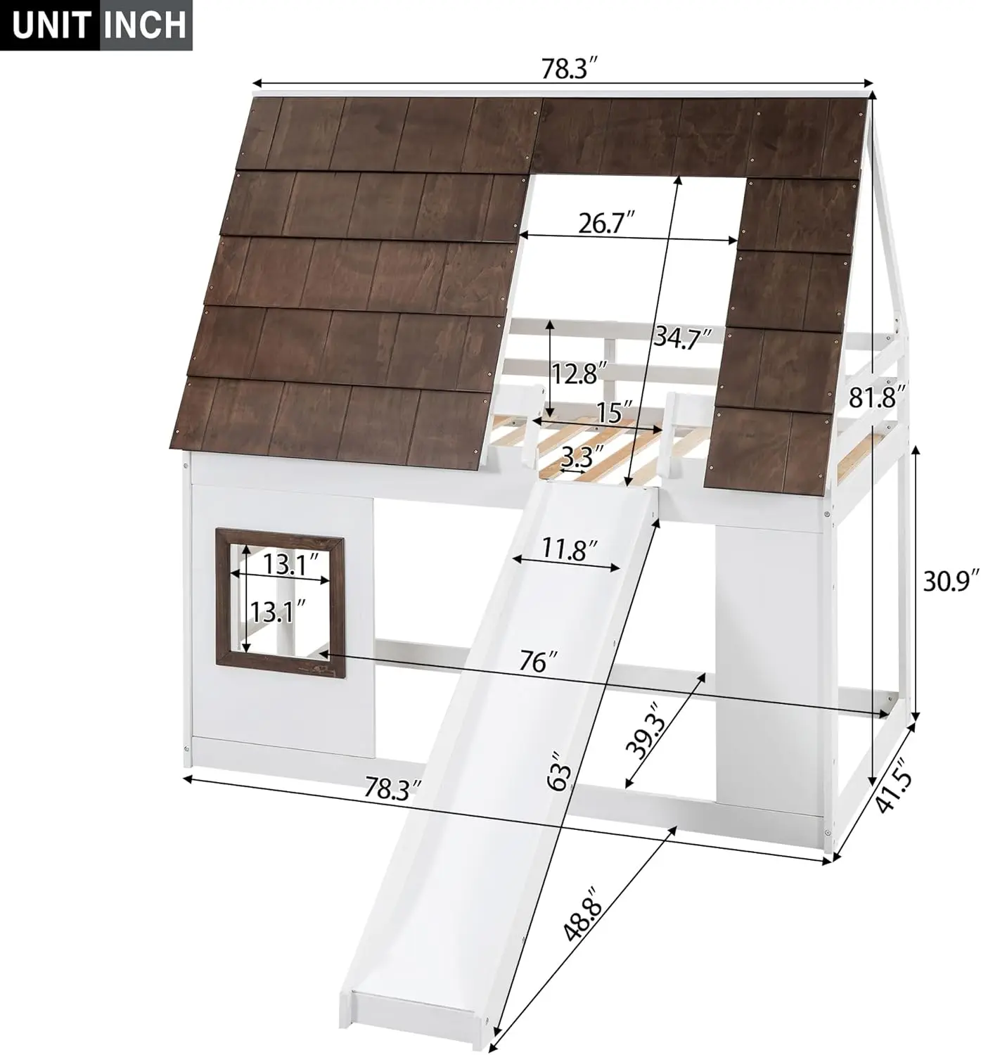 Twin Over Twin House Bunk Bed Frame With Roof,Window,Ladder And Slide For Boys Girls, White & Brown