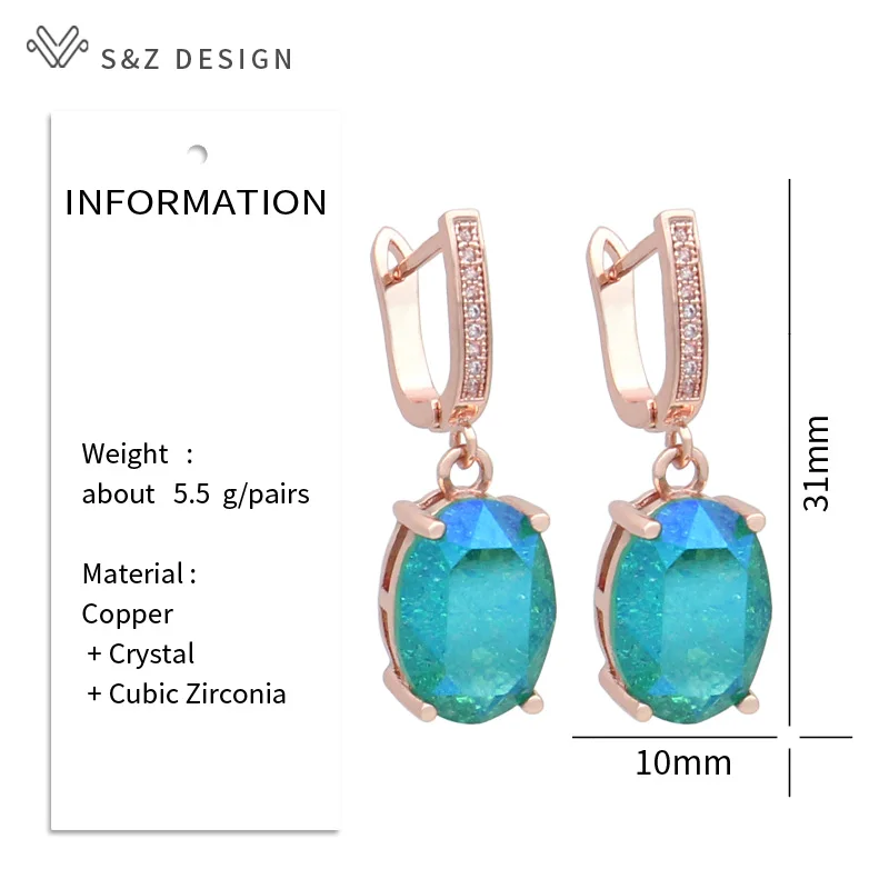 S&Z DESIGN New Fashion Ice Crack Egg Shape Oval Crystal Dangle Earrings For Women 585 Rose Gold Color Cubic Zirconia Jewelry