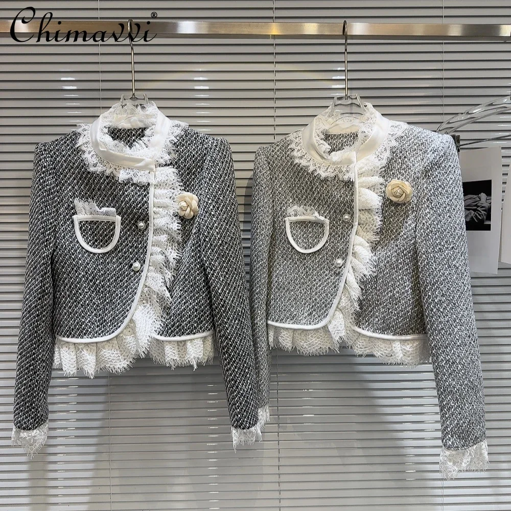 

2024 Autumn Clothes New Fashion Flower Pin Lace Edged Tweed Jacket Long Sleeve Temperament Celebrity Short Coat Women's Top