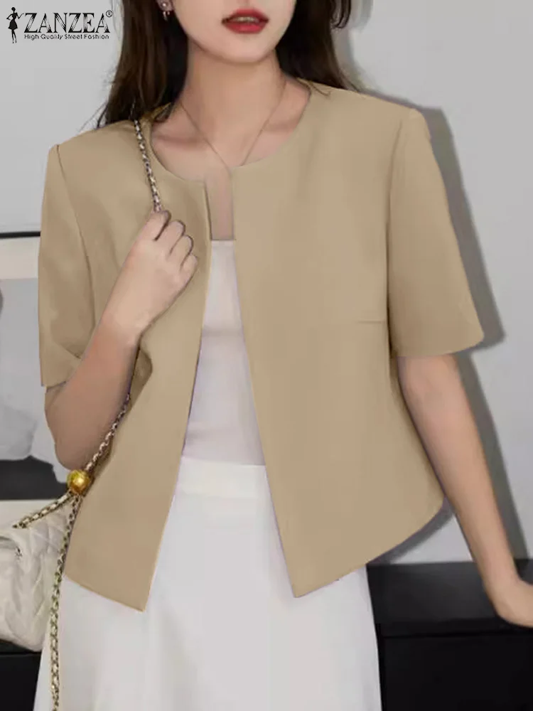 ZANZEA Summer Elegant OL Work Blouse Women Blazer Thin Female Short Sleeve Tops Open Front Cardigan Fashion Office Lady Shirt