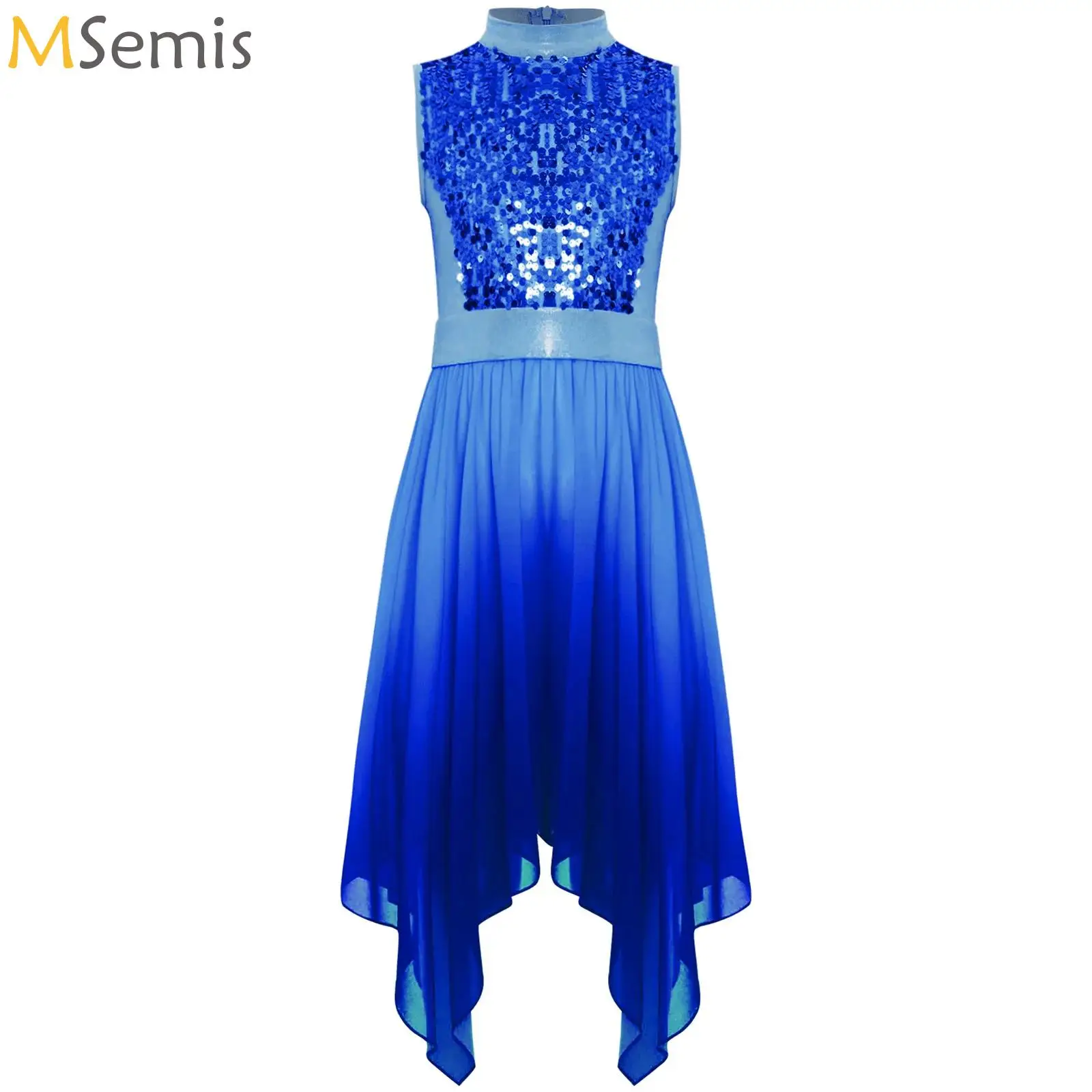 

Kids Girls Liturgical Worship Praise Dance Tunic Dresses Ballet Lyrical Contemporary Dancewear Asymmetrical Hem Sequins Dress