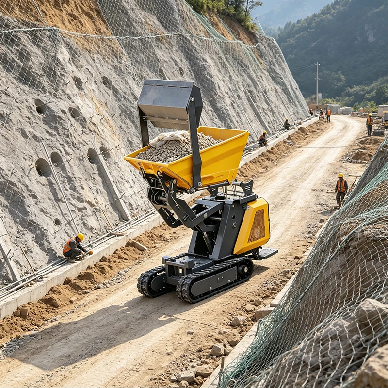 Compact Crawler Carrier Vehicle with Hydraulic Dump Bed Rubber Track System for Soil Gravel Transport and Landscaping Work