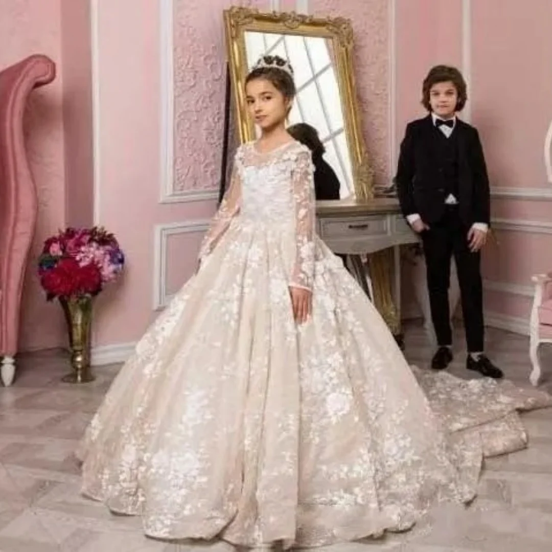 フルスリーブフラワーガールドレス結婚式用レースアップリケガールウエディングドレス写真撮影用初聖体ドレスカスタマイズ