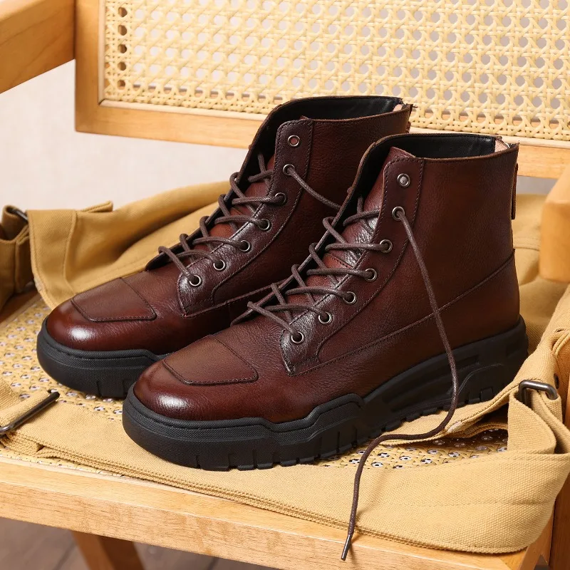 Handcrafted Genuine Leather Combat Black Lace Up Back Zip Ankle Boots Men's Thick Platform Sole Motorcycle Casual Chelsea Boots