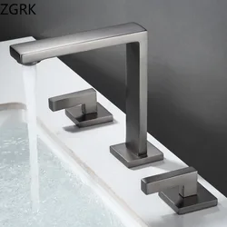 Grifo de lavabo de tres orificios, pistola de latón gris, grifo de baño, agua fría y caliente, mezclador negro, 3 piezas, bañera