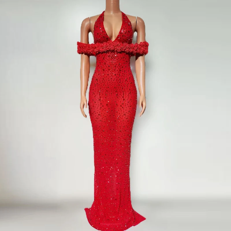 Rot Weiß Strass Abendkleider Frauen Party Jazz Dance Kostüm Feiern Bar Nachtclub Bühne Leistung Tragen XS9647