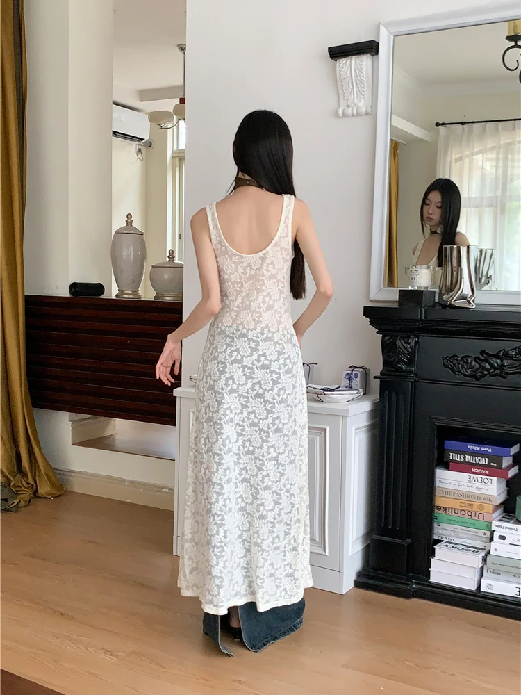 ReddaChic Boho Layering Knit Top Women Solid White Jacquard Slit Extra-long Scoop Neck Sleeveless Tank Top Casual Summer Clothes