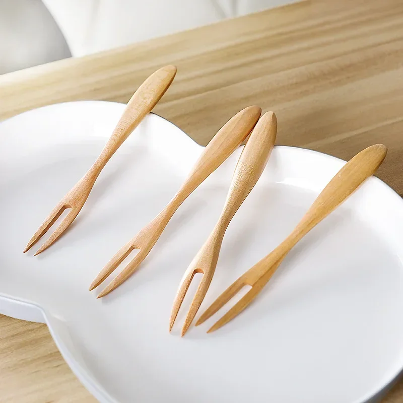 New Fruit Fork Wooden Two-tine Fork Tableware Multiple Use Snack Cake Dessert Forks Cafeteria Restaurant Flatware Kitchen Tool