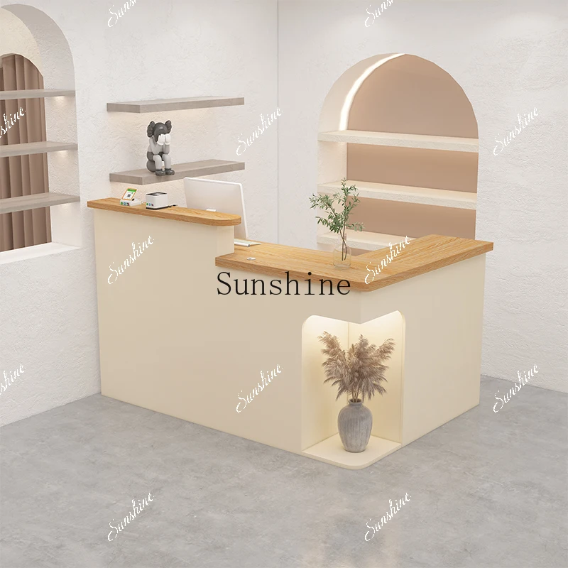 Corner simple modern clothing store counter with light L-shaped reception front desk  FT