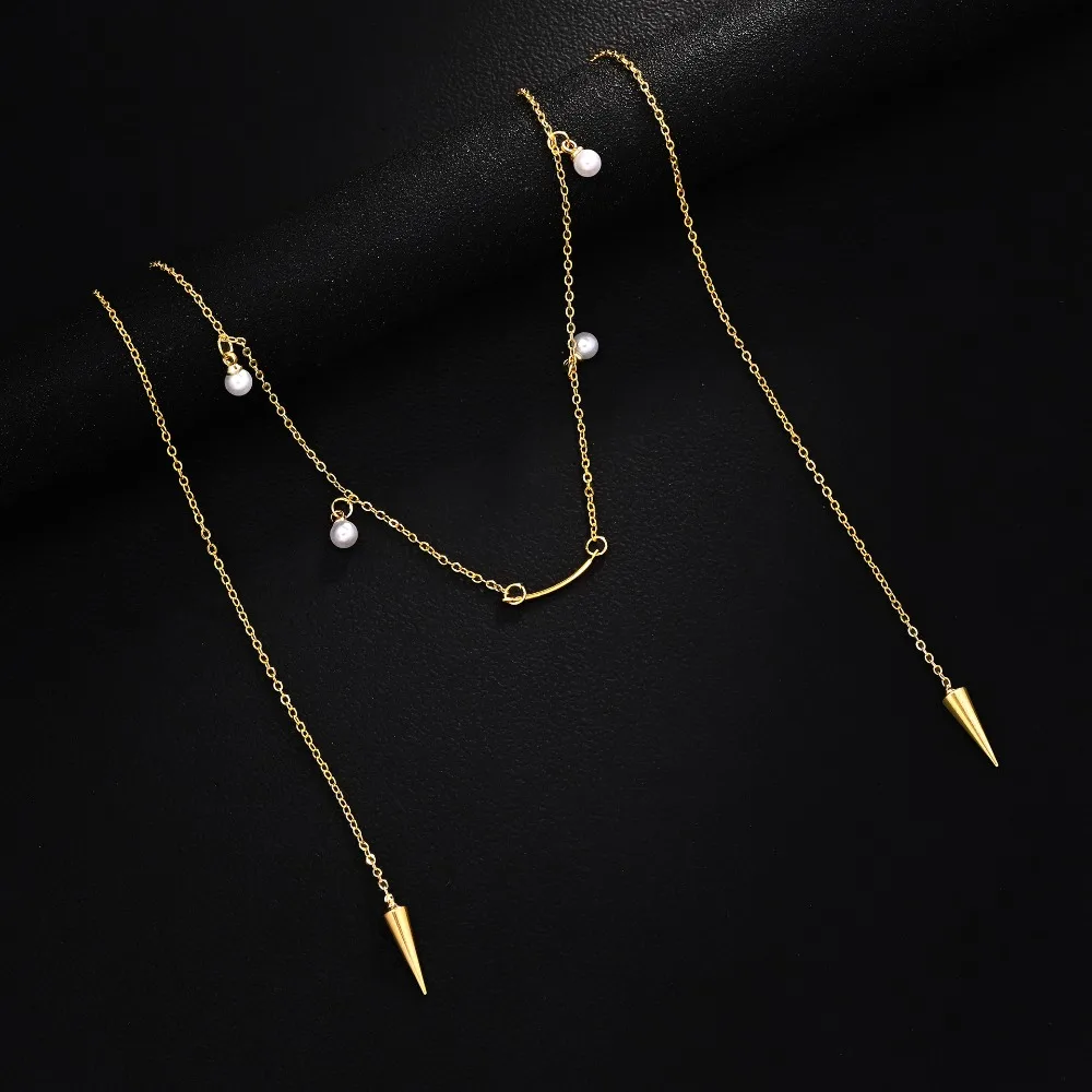 Gesichtskette mit geometrischen Quasten und schlanker Reisperlenkette für Damen – Neues, einzigartiges Geschenk für Geburtstagsfeiern und den Alltag – Detail 5