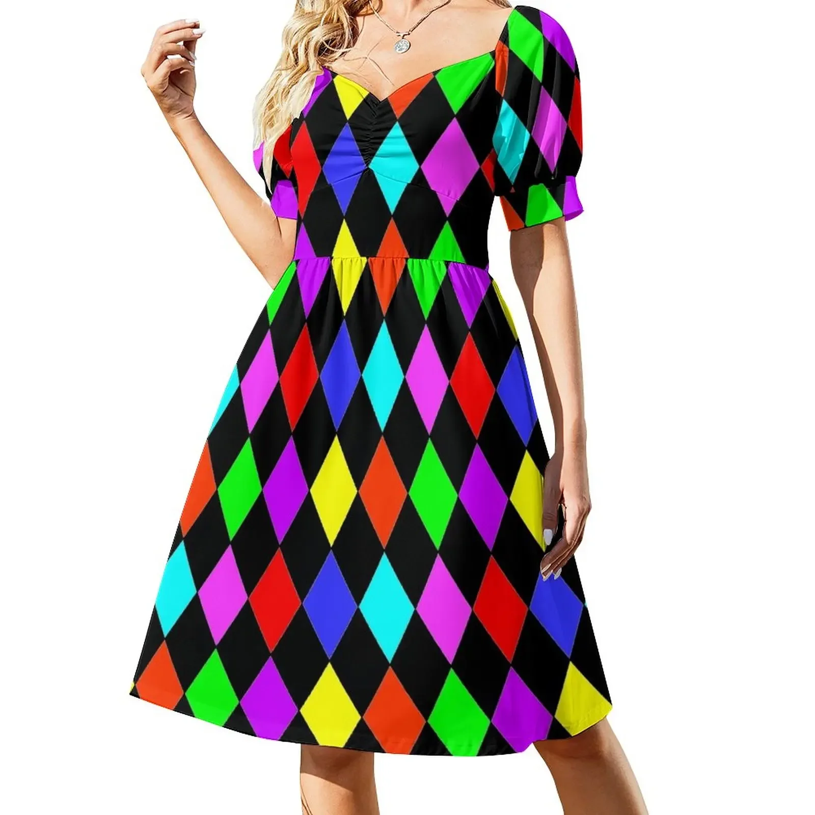 

MULTICOLOUR HARLEQUIN WITH PINK RED GREEN BLUE BLACK RED PURPLE AND YELLOW Short-Sleeved Dress Elegant gown