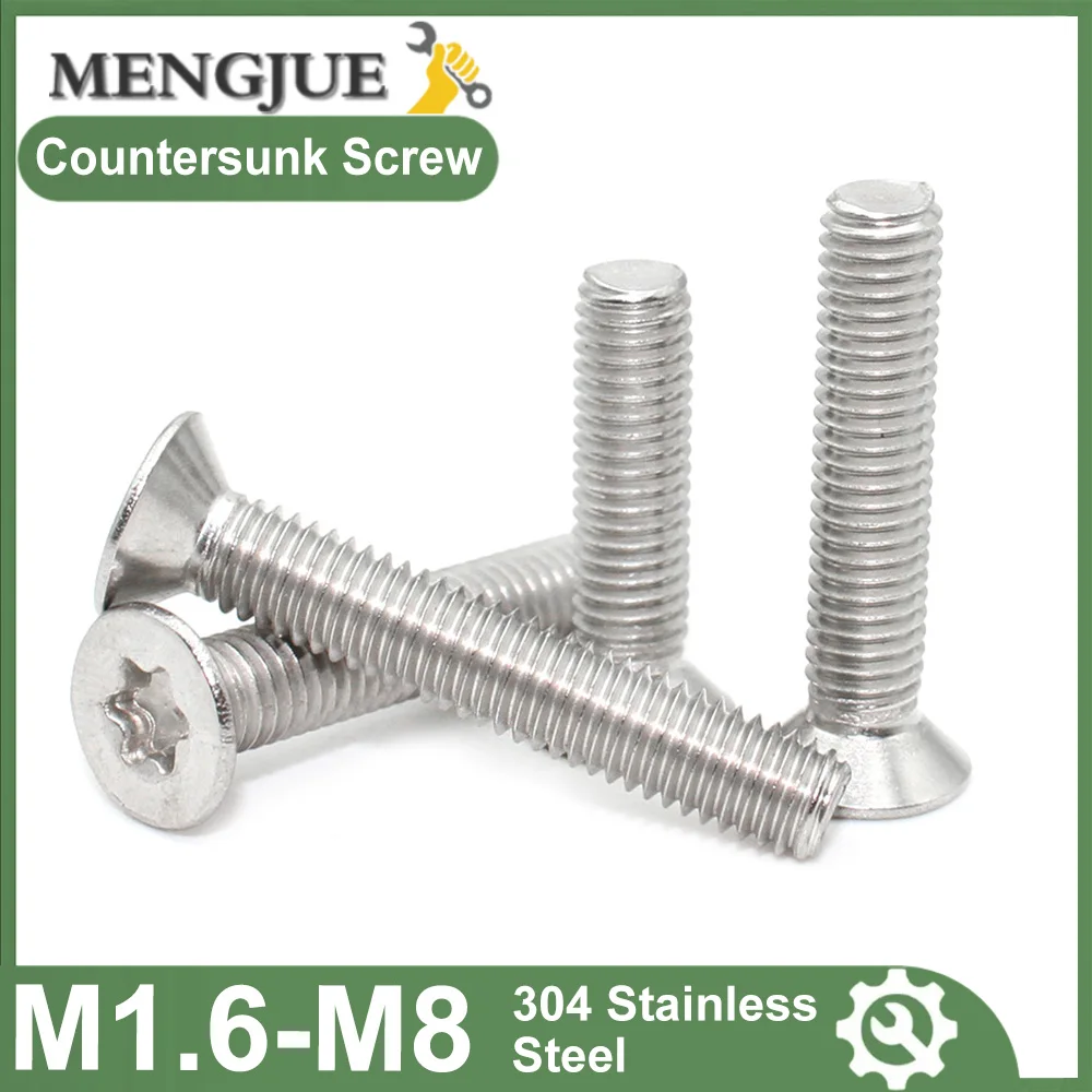 5-50Pcs M1.6 M2 M2.5 M3 M4 M5 M6 M8 CM 304 Stainless Steel Six-Lobe Torx Flat Countersunk Head Screw Bolt GB2673 Length=3-55mm