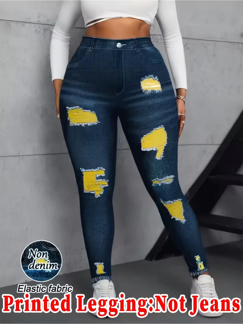 Women Printed Leggings Not Denim Fabric, Fake Pocket & Button Print Design Pants, High Elastic Fashion Slim Fit Skinny Casual