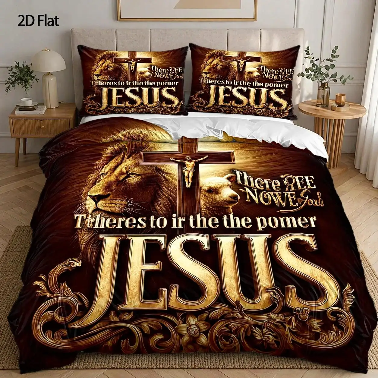 3-Piece Quilt Cover Set, 1 Quilt Cover + 2 Pillowcases (Without Filling) 2D_Flat_Priting, Golden Lion Cross Theme, Religious Art Style, Easter, Suitable for All Seasons, Machine Washable, Invisible Zipper, Home Use