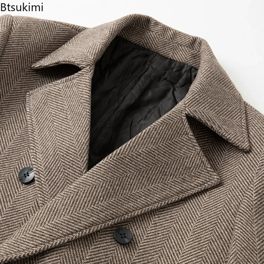 New 2025 Men's Double Breasted Wool Coat Simple Mid-length Trench Men Business Casual Woolen Jacket Male Warm Windbreak Overcoat