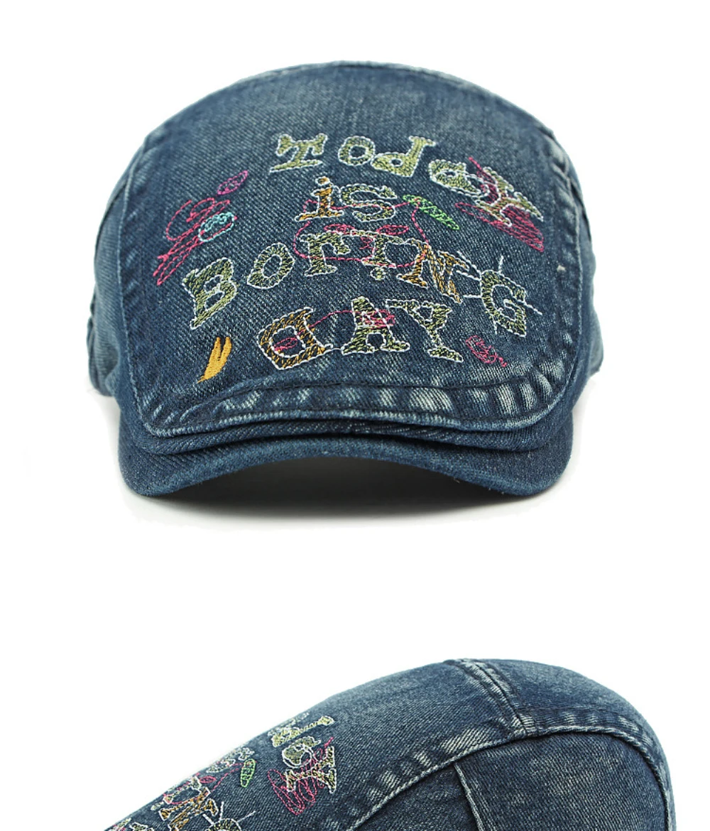 HT4739 Hochwertige Bestickte Buchstaben-Denim-Baskenmütze für Herren und Damen, Retro Künstler-Malermütze, Herren- und Damen-Ivy-Flatcap, Baskenmützen – Detail 11