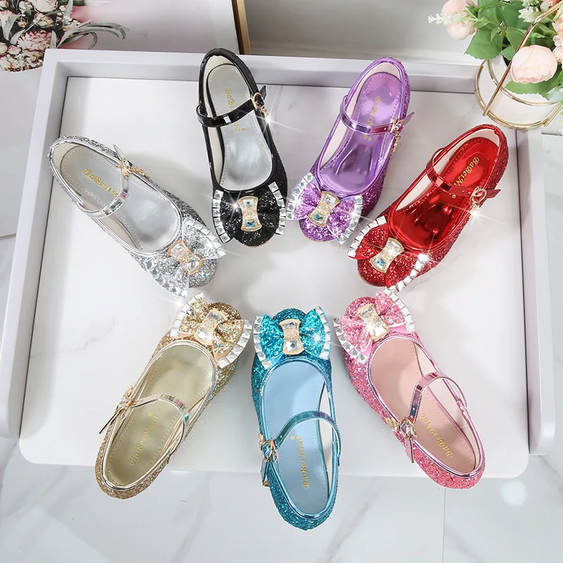 Girls High Heels 2024 Spring New Princess Shoes Student Children\'s Single Shoes Little Girls Performance Crystal Leather Shoes