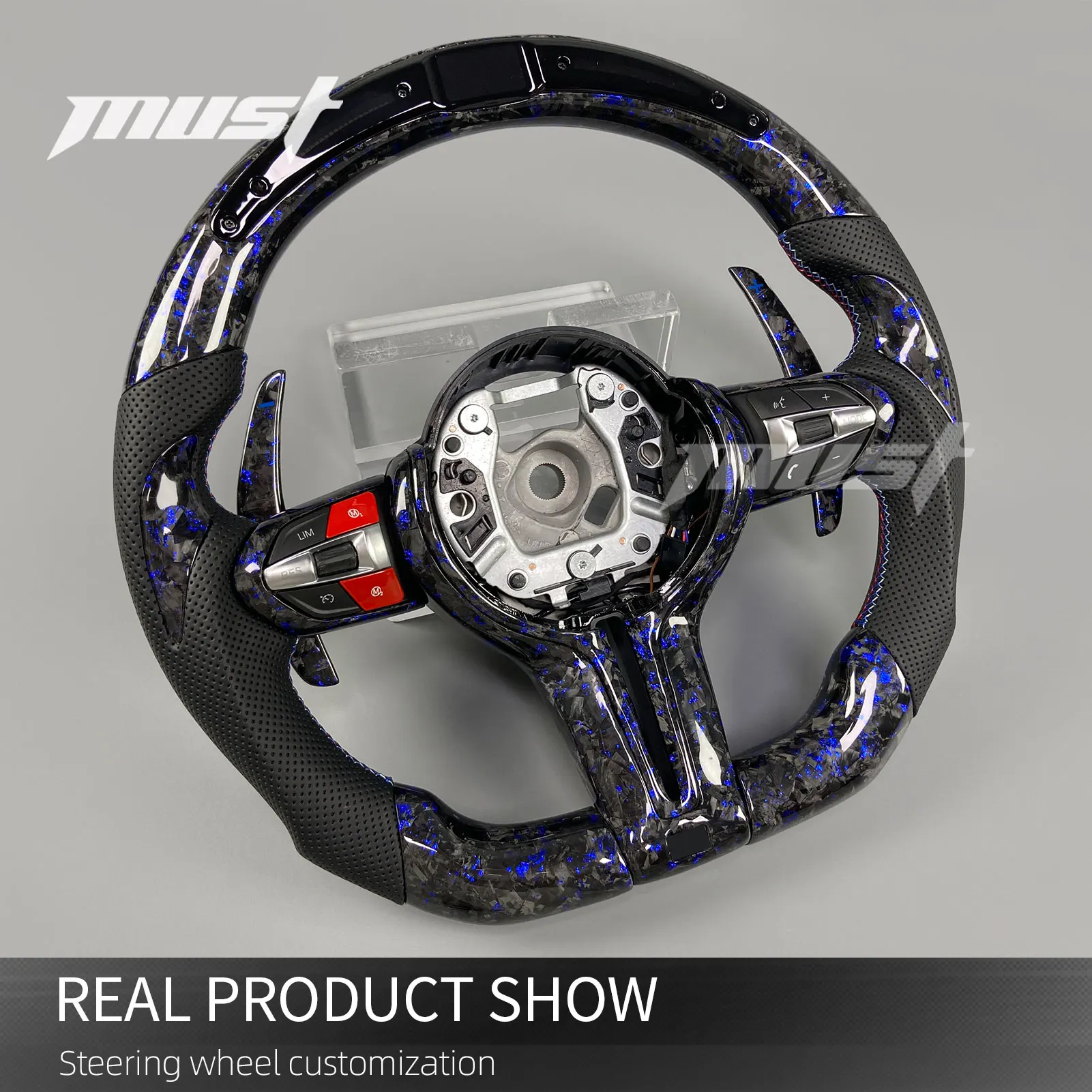 Custom LED Blue Flake Forged Carbon Fiber Steering Wheel for BMW F Series F10 F13 F15 F25 F30 X3 X5 X6 M2 M3 M4 M5 M6 2016-2021