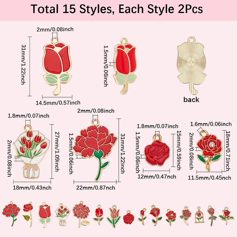 

30Pcs 15 Styles Golden Plated Alloy Enamel Pendants Flower Charms Red 15~33x9~22x1.3~3.5mm Hole: 1.2~2mm 2pcs/style