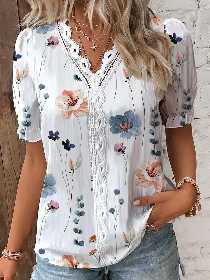 

Summer Women's Shirt Lace V-neck Short-sleeved Floral Elegant Sweet Shirt Pastoral Casual Office Top Blouses for Women