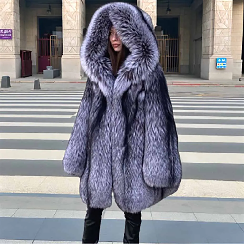 Fashion Women Full Pelt Real Silver Fox Fur Warm Coats Luxury Winter Natural Fox Fur Mid-Length Hooded Thick Jacket Overcoat