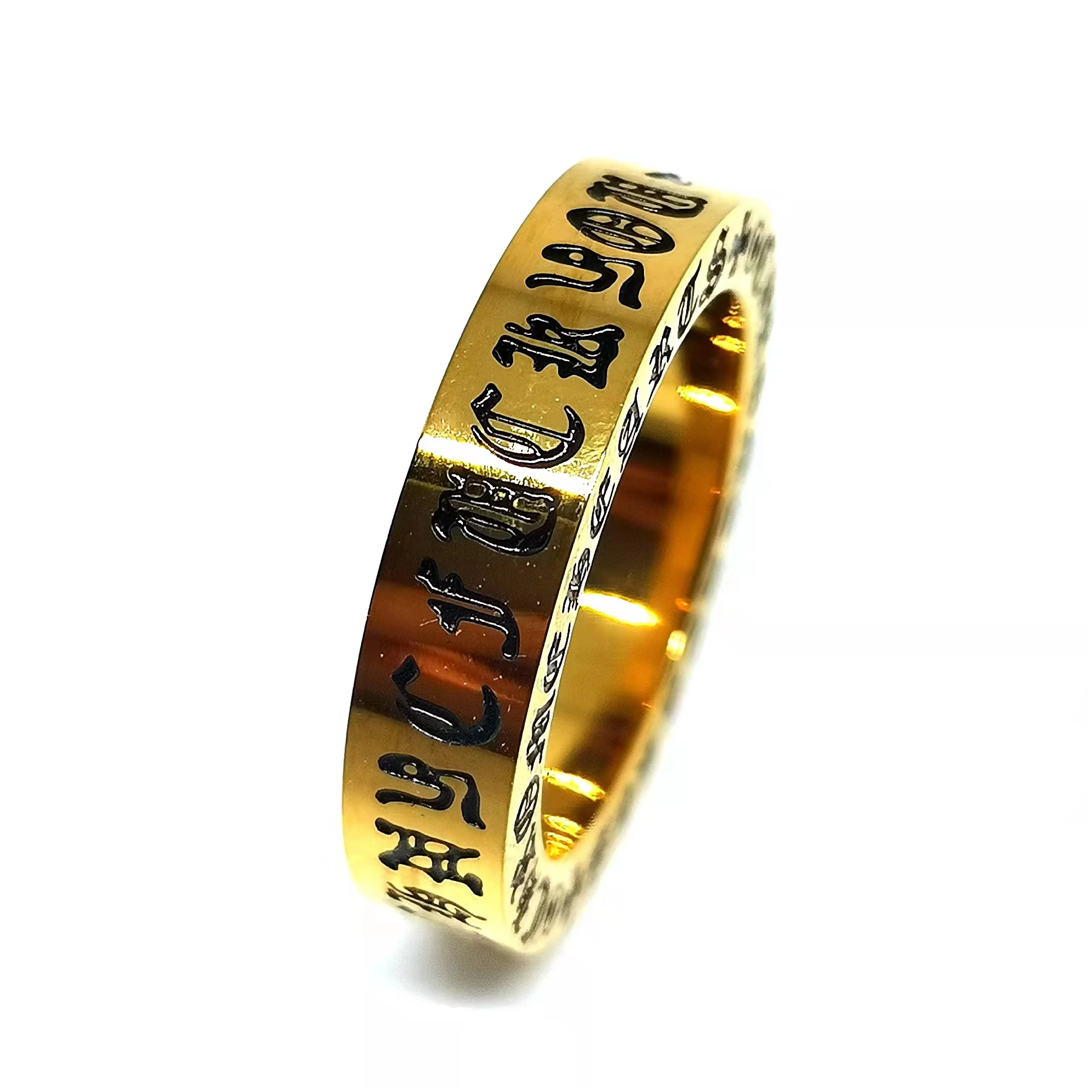 Megin D New Punk Personality Sanskrit Six Words Titanium Steel Rings for Men Women Couple Friend Fashion Design Gift Jewery