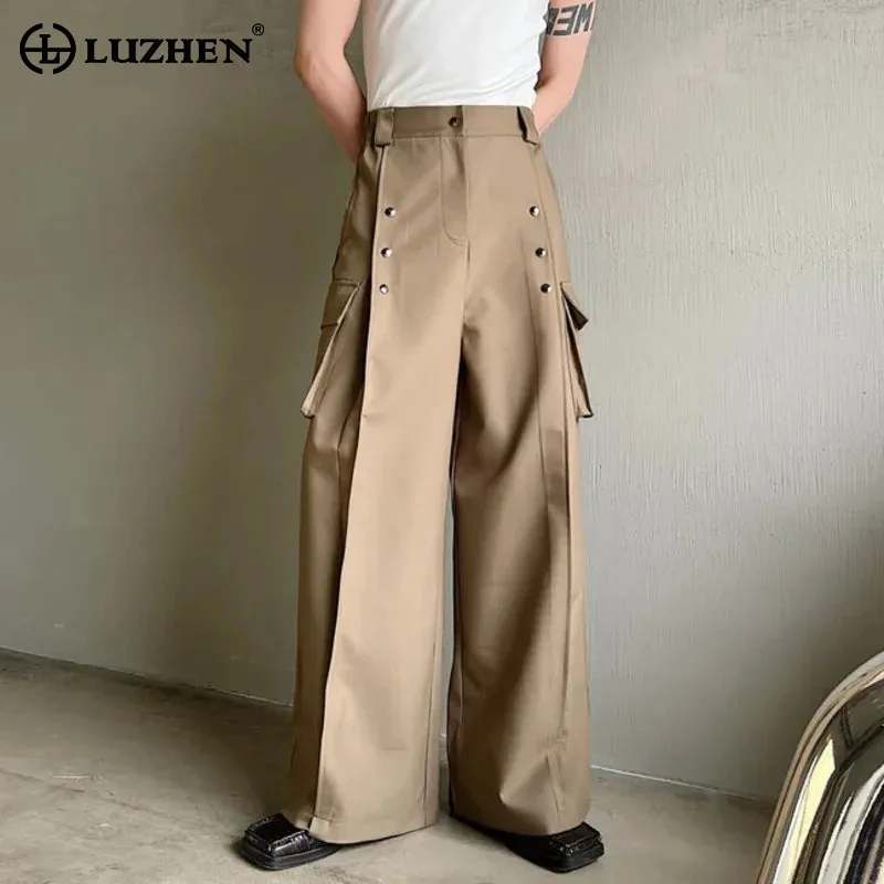 LUZHEN Stylish Original Baggy Straight Trousers Men\'s Elegant Splicing Design Solid Color Multi Pockets 2024 Trendy Pants LZ1805