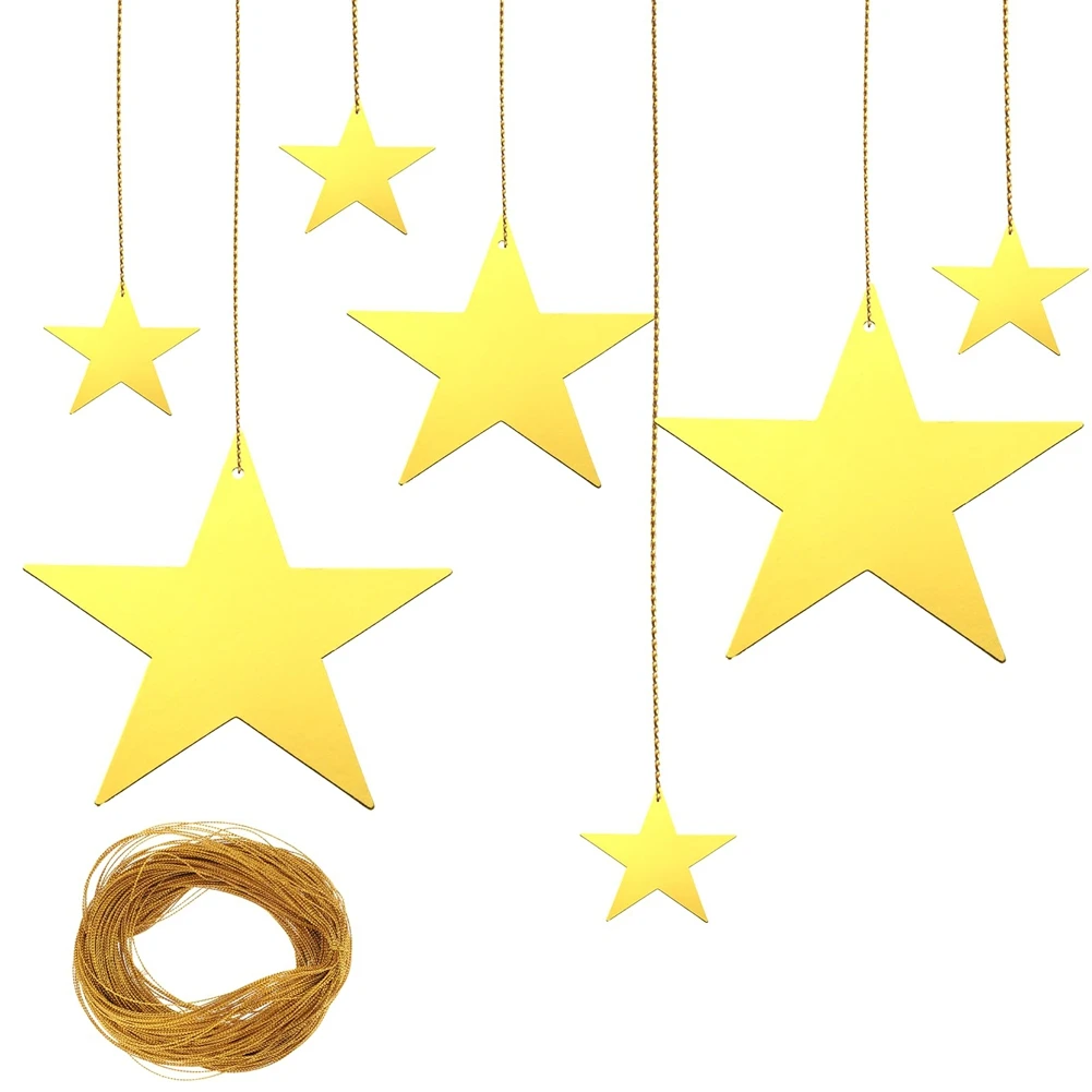 BHBL 24Pcs Gold Cardboard Stars, 4 Sizes Shining Cutouts Paper Stars with 164ft Gold Line, Star Hanging Decorations for Party