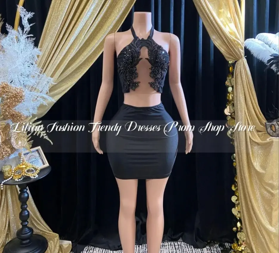 Black Sexy Hanging Neck Short Cocktail Party Dress 2025 For Women Luxury Crystal Beaded Appliques Birthday Party Queen Custom