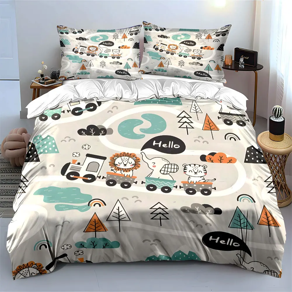 Animal train forest adventure Print Bedding Set 1 Duvet Cover 2 Pillowcases for Adult and Children Luxury Gift Full Size