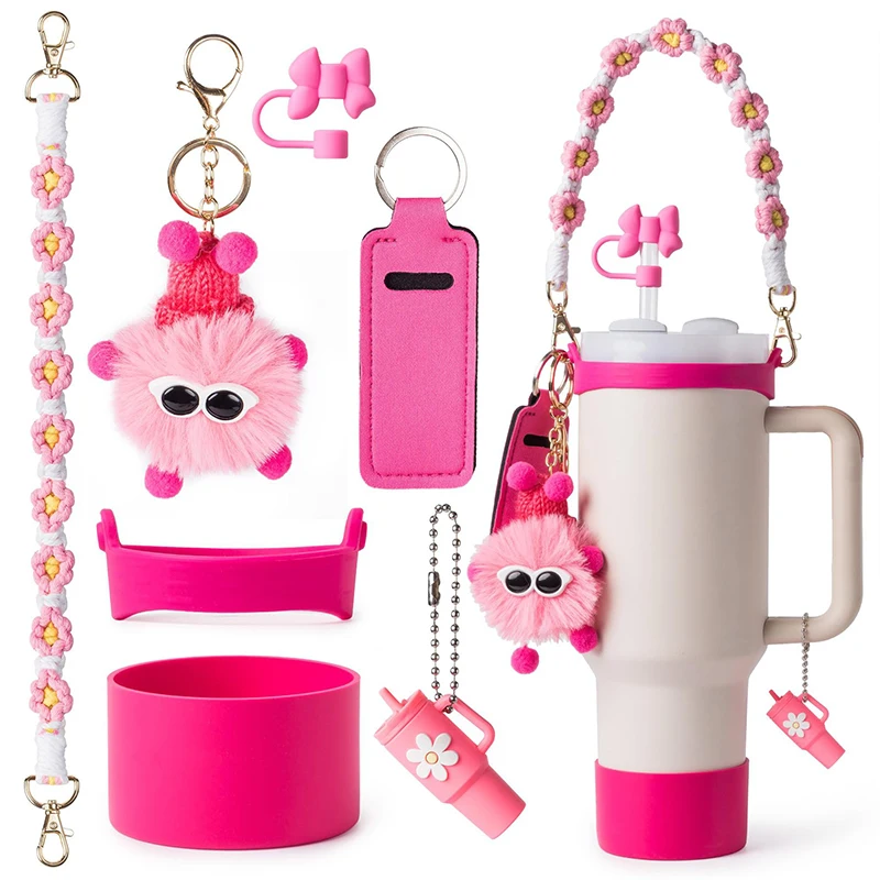 

Floral Themed Thermal Cup Accessories Set Bottle Handle Strap/Silicone Cup Boots/Spill Proof Stopper/Hairball Charm Kit