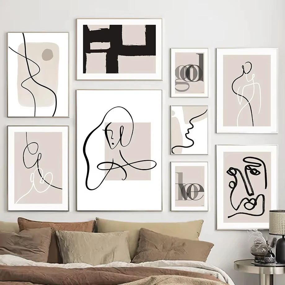 Beige Black Abstract Lines Figures Drawing Minimalist Wall Art Canvas Painting Posters and Prints Pictures for Living Room Decor