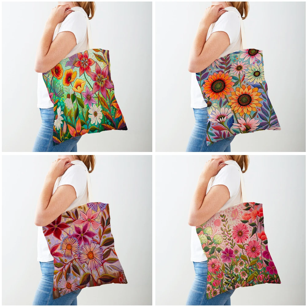 Watercolor Flower Women Casual Shopping Bags Both Sides Cartoon Floral Shopper Bag Reusable Foldable Canvas Lady Tote Handbags