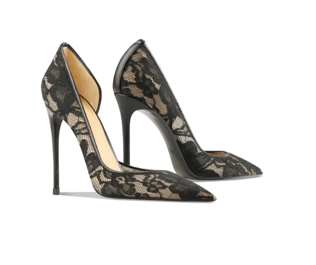 New white lace side empty high heels for women, not stuffy feet, pointed slender heels, fairy style breathable single shoes