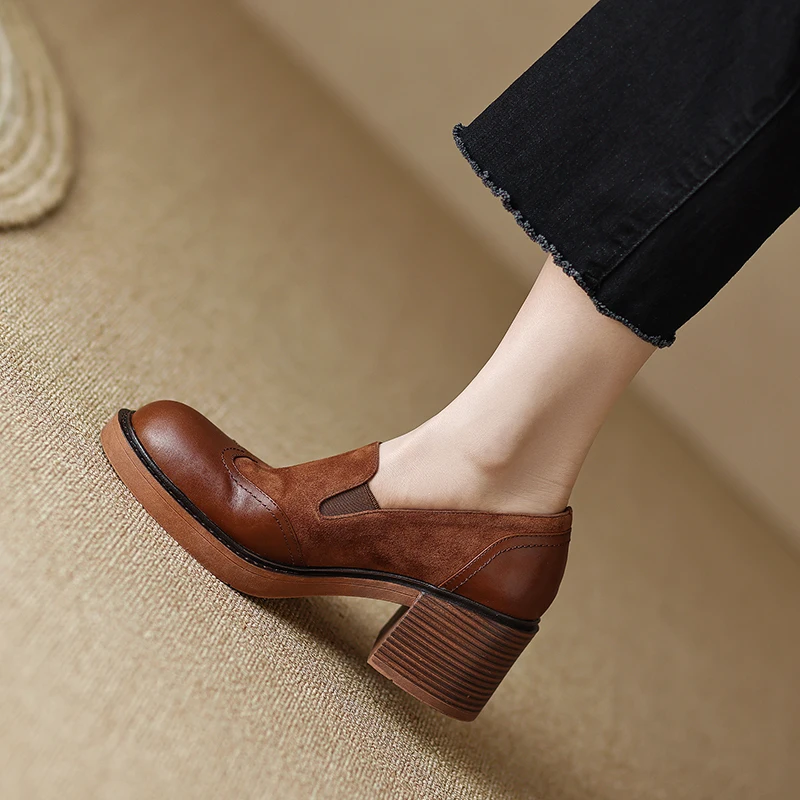 2024 Spring Women Shoes Round Toe Platform Shoes Genuine Leather Casual Thick Heel Women Pumps Handmade Shoes High Heel