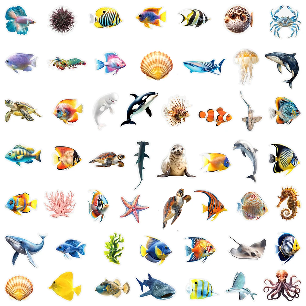 10/30/50pcs Marine Life Cartoon Transparent Stickers Sea Turtle Shell Fish Graffiti Decal for Luggage Guitar Laptop Cool Sticker