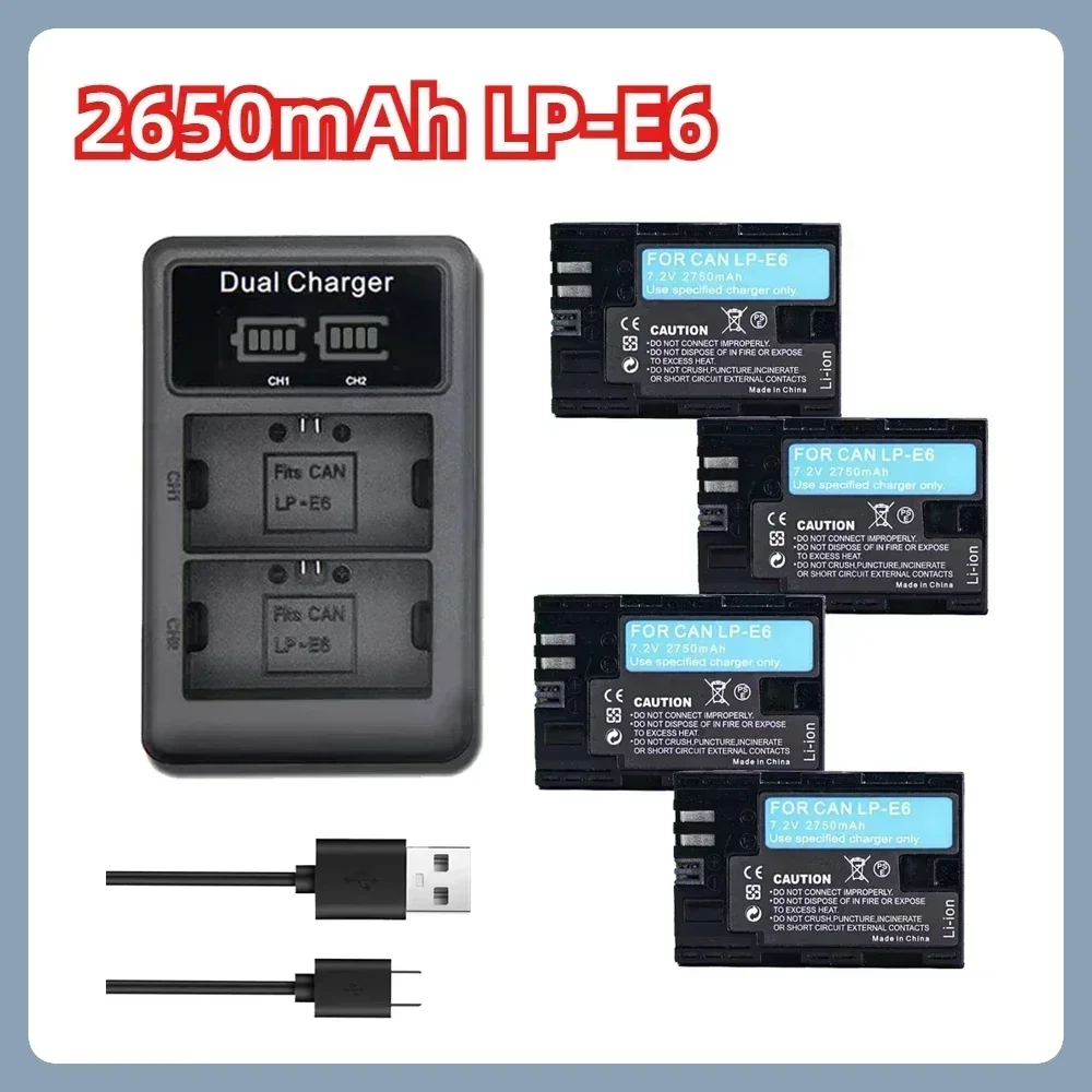 Akumulator LP-E6 LP-E6NH 2650 mAh z podwójną ładowarką LED do aparatów Canon EOS 5DSR R Series 5D Mark II 5D Mark III 6D 7D 70D 80D